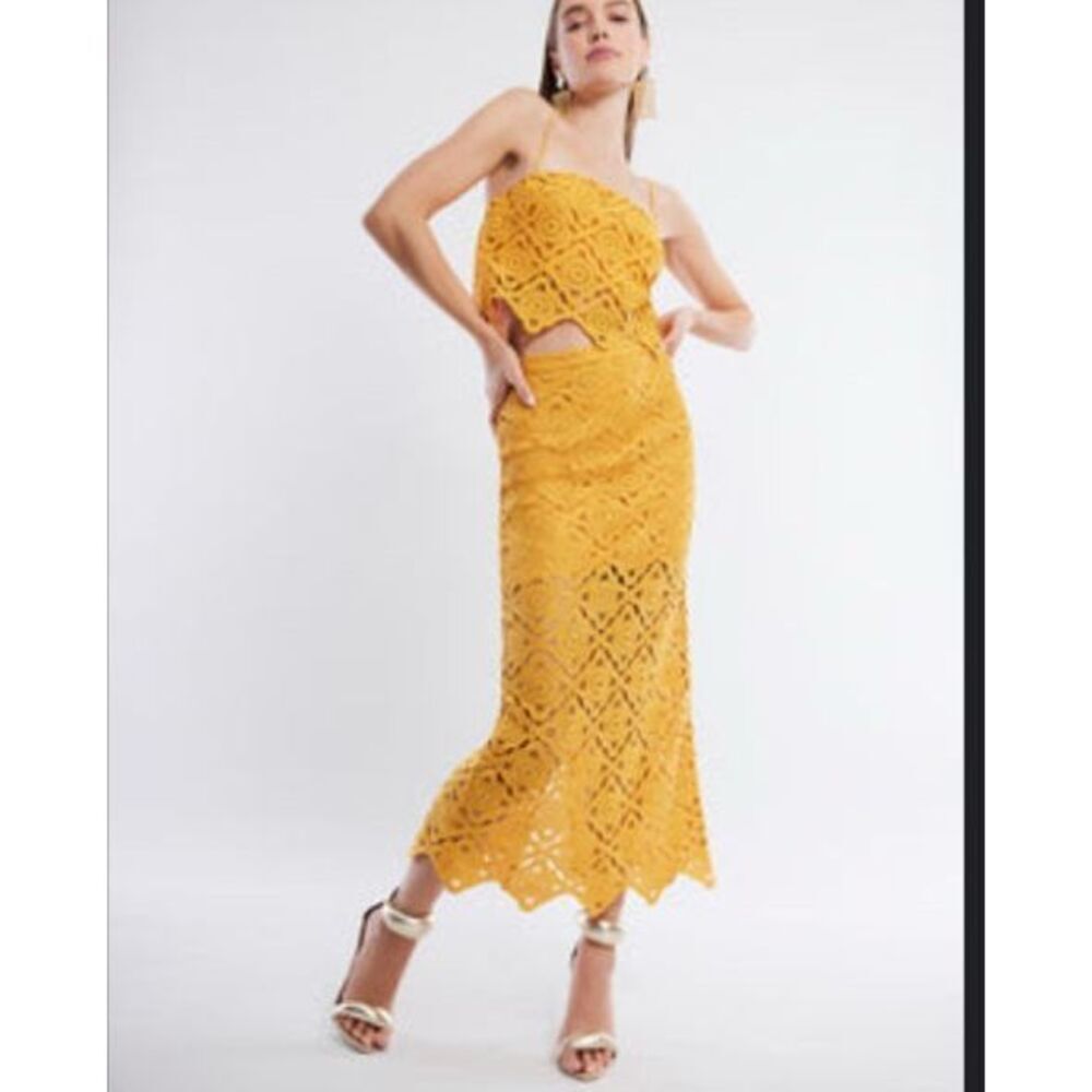 BCBGMAXAZRIA yellow crochet maelle crop top and lanai skirt two piece dress- si